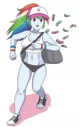 Size: 1389x2233 | Tagged: suggestive, artist:sumin6301, derpibooru import, rainbow dash, equestria girls, belly button, breasts, busty rainbow dash, cleavage, clothes, converse, looking at you, midriff, money, money bag, running, shoes, simple background, sports bra, sports panties, white background