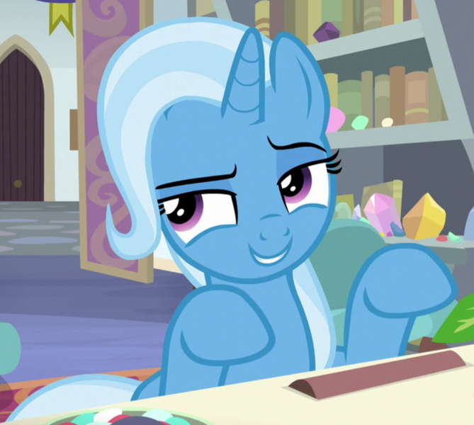 Size: 979x878 | Tagged: safe, derpibooru import, screencap, trixie, pony, unicorn, a horse shoe-in, cropped, female, grin, implying, looking to side, mare, purple eyes, raised eyebrow, raised hooves, smiling, solo, starlight's office