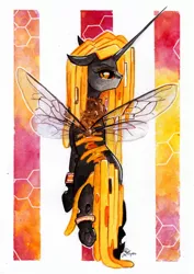 Size: 1024x1450 | Tagged: safe, artist:lailyren, derpibooru import, changeling queen oc, oc, oc:coucabeille, unofficial characters only, bee, beeling, bug pony, changeling, changeling queen, insect, changeling oc, commission, fanfic art, female, image, jpeg, mare, queen bee, solo, traditional art, watercolor painting, yellow changeling