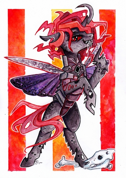 Size: 1024x1450 | Tagged: safe, artist:lailyren, derpibooru import, changeling queen oc, oc, oc:tsartsaa, unofficial characters only, bug pony, changeling, changeling queen, insect, changeling oc, commission, fanfic art, female, image, jpeg, locust, mare, red changeling, solo, traditional art, watercolor painting