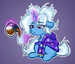 Size: 4000x3400 | Tagged: safe, artist:witchtaunter, derpibooru import, trixie, pony, unicorn, :<, alternate hairstyle, babysitter trixie, clothes, coffee, coffee mug, female, gameloft, gameloft interpretation, hoodie, magic, messy mane, mug, sitting, sleepy, solo, tired