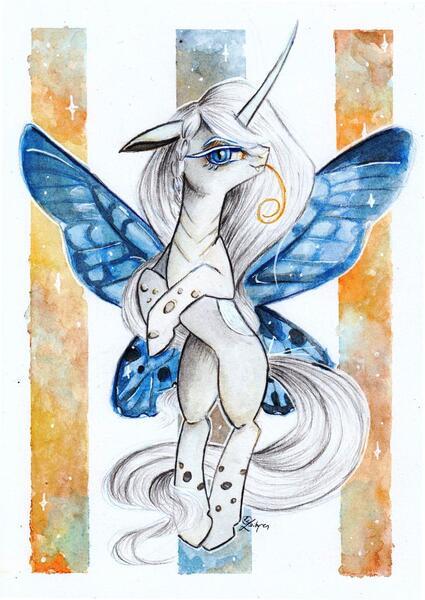 Size: 1024x1444 | Tagged: safe, artist:lailyren, derpibooru import, changeling queen oc, oc, oc:farfalla, unofficial characters only, butterfly, changeling, changeling queen, insect, albino, albino changeling, butterfly wings, changeling oc, commission, fanfic art, female, image, jpeg, mare, solo, traditional art, watercolor painting, white changeling, wings