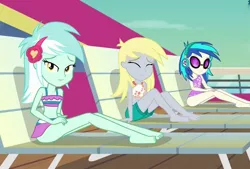 Size: 1152x779 | Tagged: safe, derpibooru import, edit, edited screencap, editor:tacotuesday21321, editor:thomasfan45, screencap, derpy hooves, lyra heartstrings, vinyl scratch, human, equestria girls, spring breakdown, background human, barefoot, belly button, bikini, chair, clothes, cruise ship, feet, female, headphones, legs, looking at you, midriff, one-piece swimsuit, shorts, sitting, skirt, smiling, sunglasses, swimsuit, tricolor swimsuit, trio