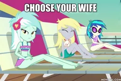 Size: 600x405 | Tagged: safe, derpibooru import, edit, edited edit, edited screencap, screencap, derpy hooves, lyra heartstrings, vinyl scratch, equestria girls, spring breakdown, caption, choose your wife, image macro, text
