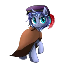 Size: 1280x1197 | Tagged: safe, artist:ce2438, derpibooru import, oc, oc:moonlight toccata, unofficial characters only, unicorn, blue coat, cap, classy, cloak, clothes, confident, cute, cyan eyes, feathered hat, hat, moon, night, purple mane, renaissance, simple background, smiley face, solo, transparent background