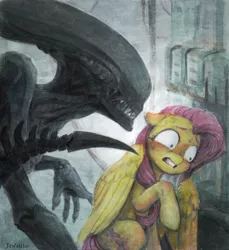 Size: 1815x1983 | Tagged: safe, artist:jewellier, derpibooru import, fluttershy, alien, pegasus, pony, xenomorph, alien (franchise), covering, duo, female, floppy ears, gritted teeth, looking away, looking sideways, mare, movie scene, nervous, nervous sweat, raised hoof, scared, sitting, sweat, traditional art, wide eyes, wing covering