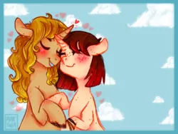 Size: 600x450 | Tagged: safe, artist:meqiopeach, derpibooru import, oc, pony, unicorn, art, authro, blushing, cloud, couple, cute, drawing, fanart, female, freckles, heart, hug, love, male, mare, my little pony, nature, simple background, sky, smiling, stallion