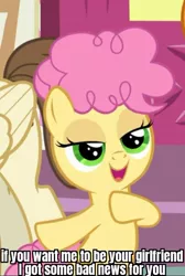 Size: 491x729 | Tagged: safe, derpibooru import, edit, edited screencap, screencap, li'l cheese, pound cake, earth pony, pegasus, the last problem, ambiguous gender, bipedal, caption, cropped, green eyes, image macro, lidded eyes, offscreen character, open mouth, smiling, solo, text