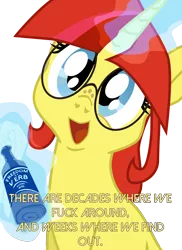 Size: 1440x1980 | Tagged: safe, artist:aaronmk, derpibooru import, oc, oc:lefty pony, unofficial characters only, pony, unicorn, female, freckles, glasses, levitation, magic, magic aura, mare, molotov cocktail, open mouth, simple background, solo, speaking to viewer, telekinesis, text, transparent background, vulgar