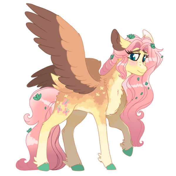 Size: 1280x1280 | Tagged: safe, artist:scarletskitty12, derpibooru import, fluttershy, pegasus, pony, blushing, chest fluff, colored hooves, ear fluff, female, leaves in hair, looking at you, mare, neck fluff, raised hoof, simple background, smiling, solo, spread wings, standing, three quarter view, transparent background, two toned wings, unshorn fetlocks, wings