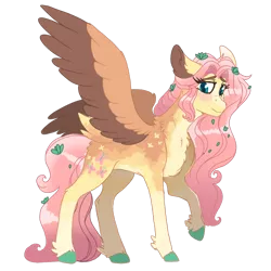 Size: 1280x1280 | Tagged: safe, artist:scarletskitty12, derpibooru import, fluttershy, pegasus, pony, blushing, chest fluff, colored hooves, ear fluff, female, leaves in hair, looking at you, mare, neck fluff, raised hoof, simple background, smiling, solo, spread wings, standing, three quarter view, transparent background, two toned wings, unshorn fetlocks, wings