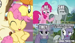 Size: 875x500 | Tagged: safe, derpibooru import, edit, edited screencap, screencap, li'l cheese, limestone pie, marble pie, maud pie, pinkie pie, pound cake, pumpkin cake, earth pony, pony, the gift of the maud pie, the last problem, the maud couple, bipedal, caption, image macro, older, older pound cake, older pumpkin cake, text