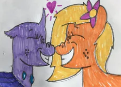 Size: 1280x921 | Tagged: artist:whistle blossom, boop, changedling, changedling oc, changeling, changeling oc, cute, derpibooru import, exobetes, eyes closed, female, filly, flower, flower in hair, foal, grin, heart, lesbian, marker drawing, noseboop, nymph, oc, oc:exo the changeling, oc:whistle blossom, pegasus, pegasus oc, purple changeling, safe, shipping, simple background, smiling, teenager, traditional art, unofficial characters only, whistlebetes, white background, wings