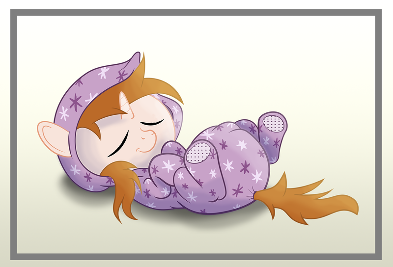 Size: 1250x850 | Tagged: safe, artist:spellboundcanvas, derpibooru import, oc, oc:white shield, pony, unicorn, clothes, diaper, fetal position, footed sleeper, footie pajamas, hood, horn, male, pajamas, pony oc, poofy diaper, sleeping, solo, stallion, unicorn oc