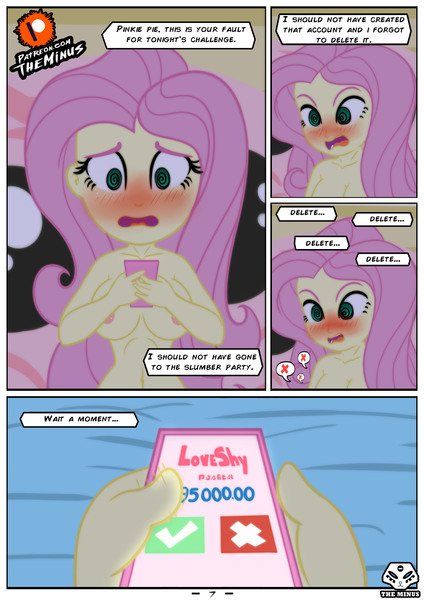 Size: 2480x3507 | Tagged: questionable, alternate version, artist:theminus, derpibooru import, fluttershy, bat pony, human, comic:fluttershy the dark secret, equestria girls, bed, belly button, blushing, breasts, busty fluttershy, cameltoe, clothes, comic, controller, female, flutterbat, joystick, lidded eyes, mobile phone, nipples, nudity, open mouth, panties, partial nudity, patreon, patreon logo, phone, pillow, playing, race swap, shocked, sitting, solo, solo female, swirly eyes, underwear, wide eyes
