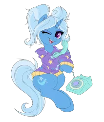 Size: 1400x1641 | Tagged: safe, artist:confetticakez, derpibooru import, trixie, pony, unicorn, alternate hairstyle, babysitter trixie, clothes, colored, cute, diatrixes, female, flat colors, gameloft interpretation, hoodie, leg fluff, looking at you, mare, one eye closed, open mouth, phone, pigtails, rotary phone, simple background, sitting, solo, talking, transparent background, twintails, wink