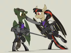 Size: 1600x1200 | Tagged: safe, artist:sinrar, derpibooru import, oc, oc:swift shot, oc:wild card, unofficial characters only, bat pony, pegasus, pony, armor, blushing, boop, commission, gun, rifle, shotgun, shotgun shell, simple background, sniper rifle, tongue out, weapon