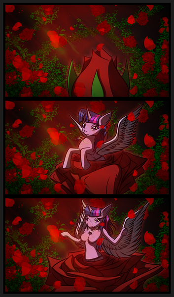 Size: 1920x3264 | Tagged: alicorn, alraune, anthro, artist:thehereticlocomotive, breasts, castlevania, crossover, derpibooru import, flower, plant, rose, rose petals, solo, suggestive, twilight sparkle, twilight sparkle (alicorn)