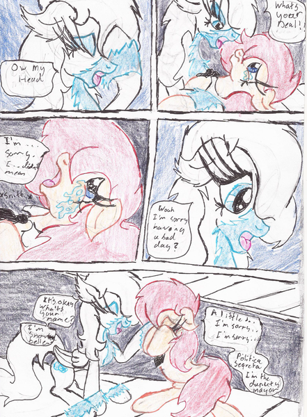 Size: 1572x2140 | Tagged: safe, artist:wyren367, derpibooru import, oc, oc:politica segreta, oc:snowbelle, earth pony, pegasus, pony, comic:politica's rebound, angry, chest fluff, comforting, comic, crying, ear fluff, female, head in hooves, laying on stomach, mare, necktie, on back, outdoors, road, rubbing head, sad, side walk, sitting, speech bubble, tearing up, teary eyes, yelling