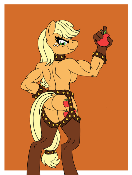 Size: 1586x2100 | Tagged: suggestive, artist:supra80, derpibooru import, applejack, anthro, earth pony, unguligrade anthro, apple, applebutt, applejacked, ass, assless chaps, breasts, busty applejack, butt, chaps, clothes, collar, dock, female, food, gloves, looking at you, muscles, partial nudity, photoshop, sideboob, topless