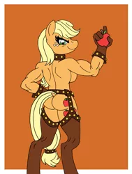 Size: 1586x2100 | Tagged: suggestive, artist:supra80, derpibooru import, applejack, anthro, earth pony, unguligrade anthro, apple, applebutt, applejacked, ass, assless chaps, breasts, busty applejack, butt, chaps, clothes, collar, dock, female, food, gloves, looking at you, muscles, partial nudity, photoshop, sideboob, topless