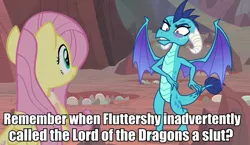 Size: 928x540 | Tagged: safe, derpibooru import, edit, edited screencap, screencap, fluttershy, princess ember, dragon, pegasus, pony, sweet and smoky, blush sticker, blushing, caption, dragon egg, dragoness, duo, egg, embarrassed, female, frown, image macro, mare, meme, open mouth, out of context, spread wings, text, tsundember, tsundere, vulgar, wings