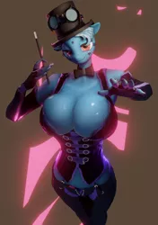 Size: 2400x3400 | Tagged: 3d, absolute cleavage, anthro, artist:more-useless-source, big breasts, blender, bowtie, breasts, busty trixie, cleavage, clothes, corset, derpibooru import, female, fingerless gloves, gloves, hat, huge breasts, looking at you, magic wand, simple background, solo, solo female, suggestive, top hat, trixie