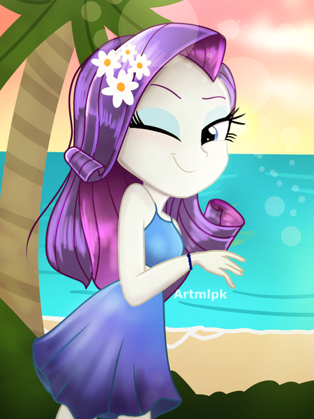 Size: 1536x2048 | Tagged: safe, artist:artmlpk, derpibooru import, rarity, equestria girls, adorable face, adorasexy, adorkable, beach, beautiful, bush, cute, digital art, dork, female, flower, flower in hair, grass, looking at you, looking back, looking back at you, ocean, one eye closed, palm tree, raribetes, sexy, sleeveless, smiley face, smiling, smiling at you, solo, sunset, tree, water, watermark, wink, winking at you