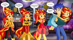 Size: 5500x3090 | Tagged: safe, artist:dieart77, derpibooru import, flash sentry, sunset shimmer, human, dance magic, equestria girls, equestria girls series, forgotten friendship, legend of everfree, spoiler:eqg specials, barefoot, bed, bedroom, bedroom eyes, blushing, book, bookshelf, carrying, chandelier, clones, clothes, commission, confused, conversation, crystal gala dress, crystal guardian, dialogue, dress, eyes on the prize, feet, female, flash sentry gets all the waifus, flashimmer, group, holding, imminent sex, implications, jealous, lidded eyes, lucky bastard, male, multeity, open mouth, outfit, pillow, ponied up, pony ears, ponytail, sci-twi's room, self paradox, self ponidox, shipping, shoes, skirt, smiling, smirk, speech bubble, straight, super ponied up, talking, teeth, tongue out, touch, trophy, vulgar