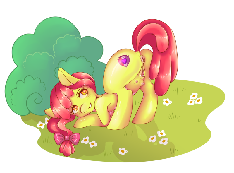 Size: 2432x1798 | Tagged: explicit, artist:ei-ch, derpibooru import, apple bloom, earth pony, pony, bloom butt, bush, butt, crotchboobs, cute, cutie mark, face down ass up, female, filly, flower, foalcon, grass, nipples, nudity, presenting, simple background, solo, the cmc's cutie marks, transparent background, vagina