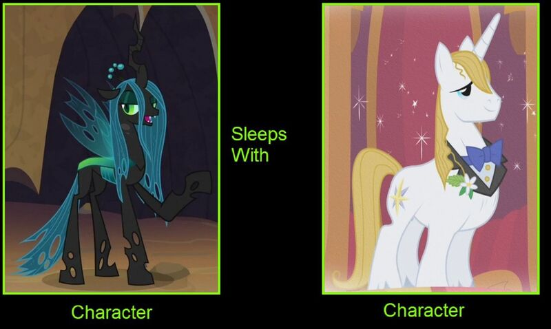 Size: 1280x764 | Tagged: safe, artist:themexicanpunisher, derpibooru import, edit, edited screencap, screencap, prince blueblood, queen chrysalis, changeling, changeling queen, pony, unicorn, black background, bluesalis, female, implied sleep, interspecies, male, meme, shipping, simple background, stallion, straight, text, what if