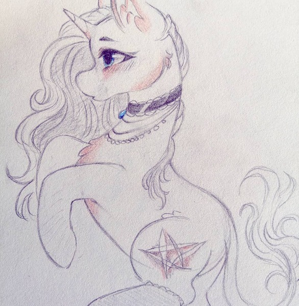 Size: 1080x1106 | Tagged: safe, artist:mayguay, derpibooru import, oc, unofficial characters only, pony, unicorn, chest fluff, choker, ear fluff, female, horn, jewelry, leonine tail, mare, necklace, rearing, solo, traditional art, unicorn oc