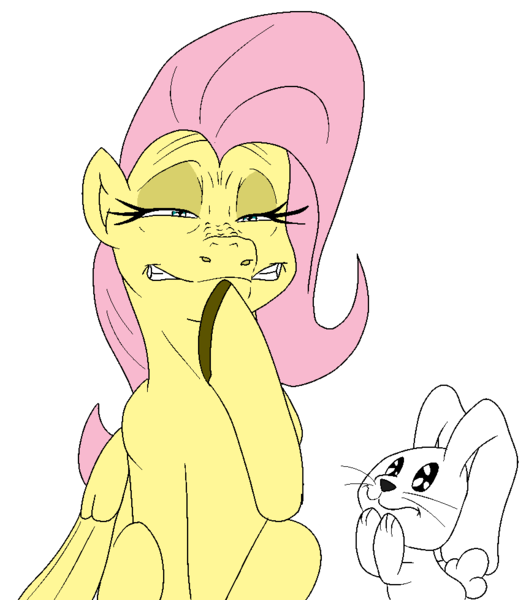 Size: 858x978 | Tagged: safe, artist:bennimarru, derpibooru import, angel bunny, fluttershy, pegasus, pony, rabbit, animal, colored, flared nostrils, flat colors, hoof over mouth, simple background, smiling, transparent background