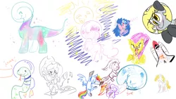 Size: 1920x1080 | Tagged: safe, artist:cutepencilcase, artist:fluffyxai, artist:jennithedragon, derpibooru import, applejack, cozy glow, derpy hooves, dinky hooves, pinkie pie, rainbow dash, oc, earth pony, pegasus, pony, snake, unicorn, drawpile disasters, mlpds, ponyfest 3, running, running in place, scared, snow, snowball, space, space shuttle