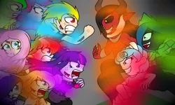 Size: 2000x1200 | Tagged: safe, artist:enderboy1908, derpibooru import, applejack, cozy glow, fluttershy, lord tirek, pinkie pie, queen chrysalis, rainbow dash, rarity, spike, twilight sparkle, centaur, human, equestria girls, the ending of the end, crossover, equestria girls-ified, final battle, human spike, humanized, injured, mane six, sonic the hedgehog, sonic the hedgehog (series), super sonic, teary eyes, ultimate chrysalis