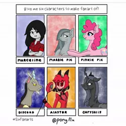 Size: 1080x1080 | Tagged: safe, artist:pony.flu, derpibooru import, discord, marble pie, pinkie pie, queen chrysalis, changeling, changeling queen, draconequus, earth pony, pony, six fanarts, adventure time, alastor, bust, clothes, crossed arms, crossover, female, hazbin hotel, male, marceline, mare, pushing, staff