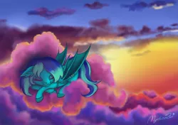 Size: 900x635 | Tagged: safe, artist:mystic2u, derpibooru import, oc, oc:dewdrop batpony, bat pony, pony, bat pony oc, bat wings, pony oc, sleeping, sleepy, solo, sunset, wings