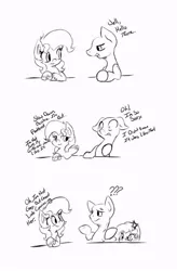 Size: 631x960 | Tagged: safe, artist:alazak, derpibooru import, oc, oc:autumn breeze, oc:pearl, unofficial characters only, earth pony, pony, comic strip, confused, earth pony oc, monochrome, question mark, random pony