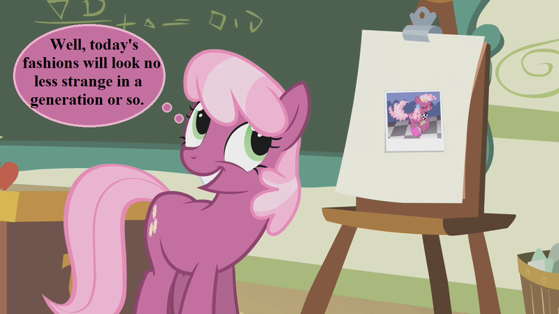 Size: 1280x720 | Tagged: safe, derpibooru import, edit, edited screencap, screencap, cheerilee, earth pony, pony, call of the cutie, 80s, 80s cheerilee, chalkboard, cheeribetes, cute, easel, photo, ponyville schoolhouse, thought bubble