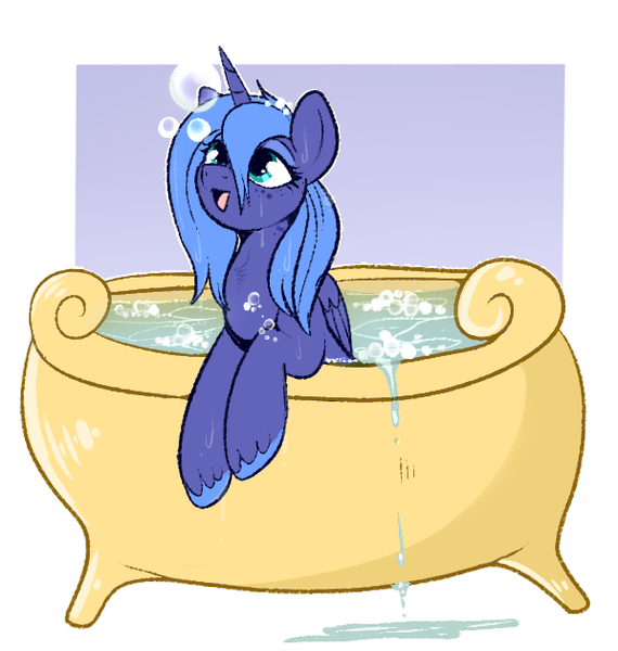 Size: 598x629 | Tagged: safe, artist:lulubell, derpibooru import, princess luna, alicorn, pony, bath, bathtub, bubble, bubble bath, claw foot bathtub, cute, female, happy, lunabetes, mare, open mouth, s1 luna, solo, wet, wet mane