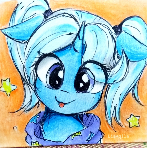 Size: 2050x2065 | Tagged: safe, artist:liaaqila, derpibooru import, trixie, pony, unicorn, alternate hairstyle, babysitter trixie, bust, clothes, cute, diatrixes, female, floppy ears, gameloft, gameloft interpretation, high res, hoodie, liaaqila is trying to murder us, mare, portrait, solo, stars, tongue out, traditional art, weapons-grade cute