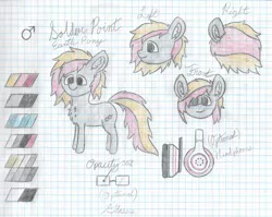 Size: 2100x1672 | Tagged: safe, artist:mlplayer dudez, derpibooru import, oc, oc:solder point, unofficial characters only, earth pony, pony, chest fluff, colored, cute, ear fluff, fluffy, glasses, graph paper, happy, headphones, leg fluff, male, reference sheet, signature, smiling, solo, stallion, traditional art