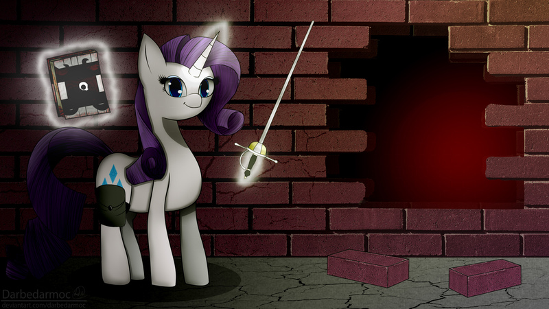 Size: 1920x1080 | Tagged: safe, artist:darbedarmoc, derpibooru import, rarity, pony, unicorn, fallout equestria, black book, book, brick, brick wall, solo, sword, wasteland, weapon