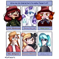 Size: 1080x1080 | Tagged: safe, artist:_ogon_polina_, derpibooru import, rarity, human, pony, unicorn, six fanarts, alice in wonderland, beret, braid, clothes, crossover, eyelashes, face mask, female, hat, little misfortune, mad hatter, makeup, male, mare, melanie martinez, open mouth, sally face, smiling, top hat