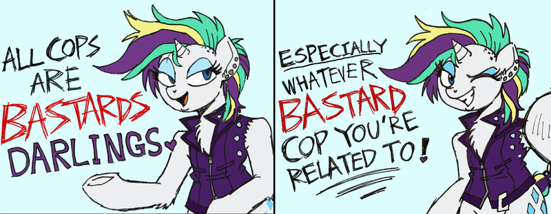 Size: 3414x1328 | Tagged: acab, alternate hairstyle, artist:wootmaster, black lives matter, blue background, darling, derpibooru import, ear piercing, earring, female, jewelry, mare, mouthpiece, one eye closed, piercing, pointing, politics, punk, raripunk, rarity, safe, semi-anthro, simple background, slander, solo, text, underhoof, vulgar