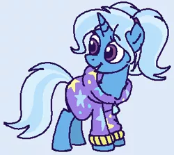 Size: 340x303 | Tagged: safe, artist:kleyime, derpibooru import, trixie, pony, unicorn, alternate hairstyle, babysitter trixie, clothes, colored, flat colors, hoodie, ms paint, pigtails, ponytail, solo, twintails
