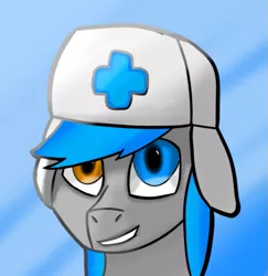 Size: 659x677 | Tagged: safe, artist:mint5torm, derpibooru import, oc, oc:dutchiie, pegasus, pony, blue background, blue hair, bust, gray fur, hat, heterochromia, male, simple background, solo, stallion, ushanka