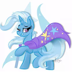 Size: 930x930 | Tagged: safe, artist:jen-neigh, derpibooru import, trixie, pony, unicorn, cape, clothes, cutie mark background, female, flowing mane, lidded eyes, mare, raised leg, smiling, solo, trixie's cape