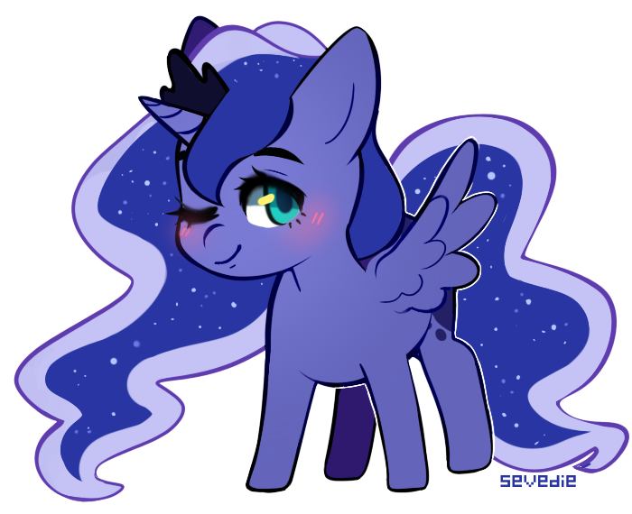 Size: 700x570 | Tagged: safe, artist:sevedie, derpibooru import, princess luna, alicorn, pony, blushing, chibi, crown, cute, female, jewelry, lunabetes, mare, one eye closed, regalia, simple background, solo, transparent background, wink