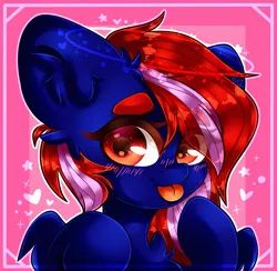 Size: 2050x2000 | Tagged: safe, artist:etoz, derpibooru import, oc, oc:shella swift, unofficial characters only, pegasus, pony, abstract background, blushing, commission, cute, eyebrows, eyebrows down, female, heart, mare, pegasus oc, stars, tongue out, wings, ych result